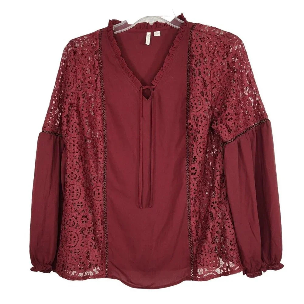 Cato Top Women Size L Burgundy Red Long Balloon Sleeve Lace Accent V-neck